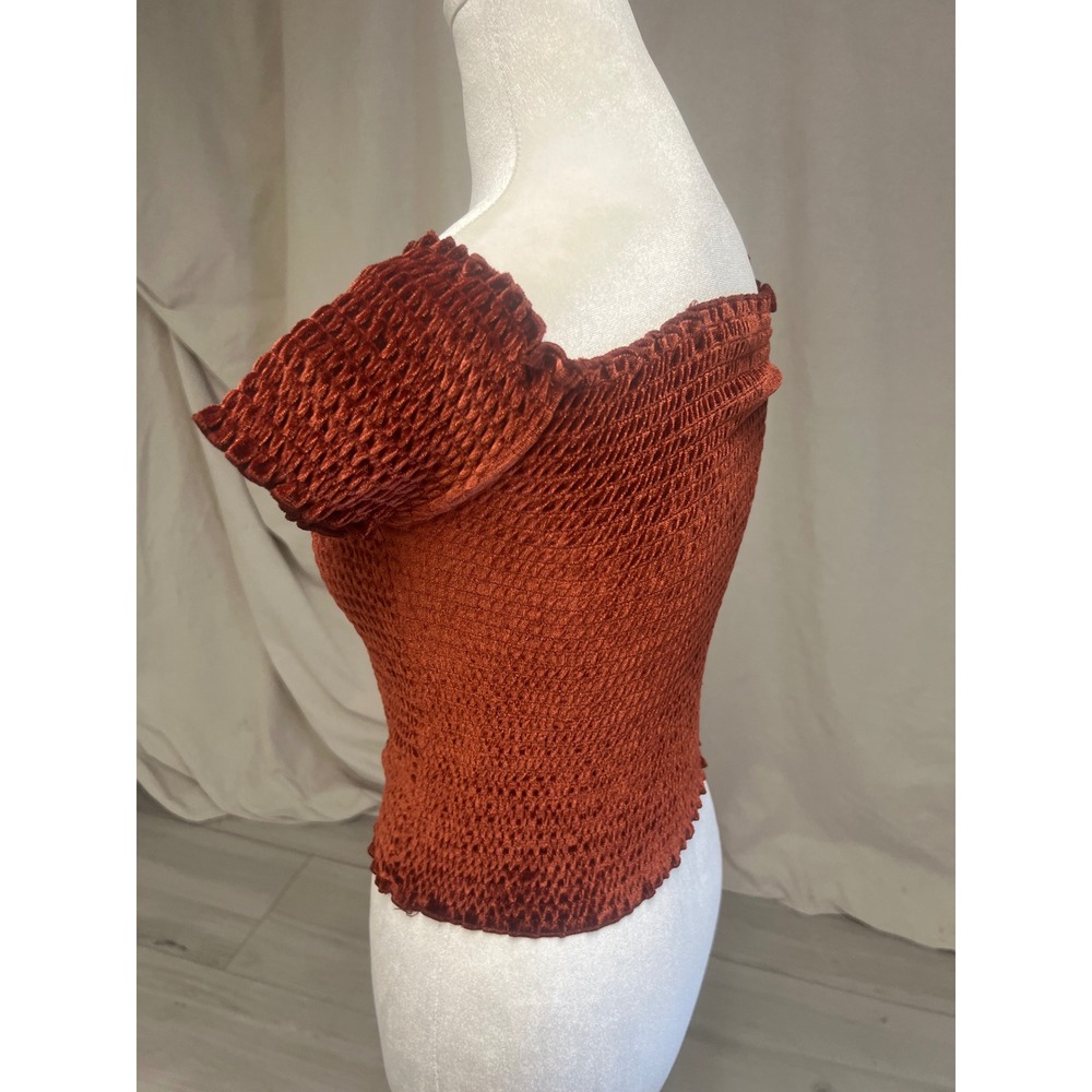 Retro Y2K Smocked Crop Top Rust Orange Velvet Short Sleeve Sz XS Festival Party - Picture 4 of 6
